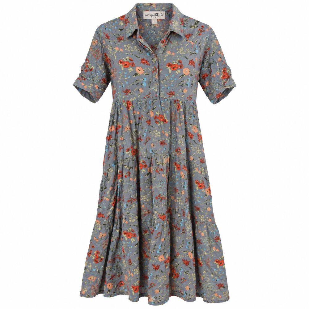 Natural Life Floral Tiered Midi Dress Gray Blue Women’s XS Boho Cottagecore NWT